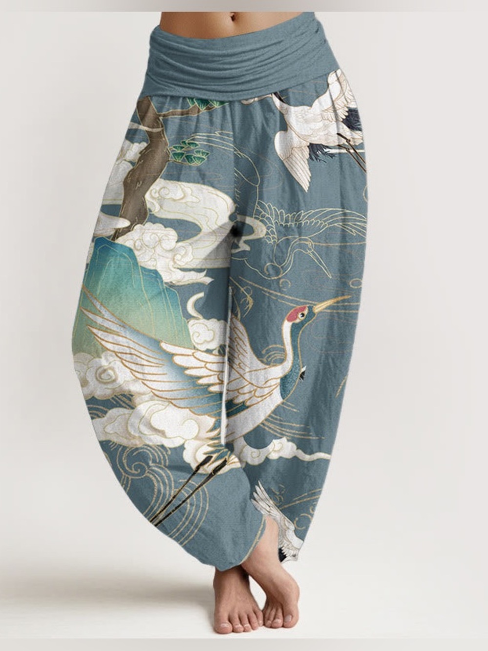 Buddha Stones Pure Cotton Flying Cranes Auspicious Clouds Tree Harem Pants